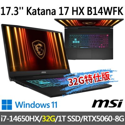 MSI微星 Katana 17 HX B14WFK-203TW 17.3吋 電競筆電 (i7-14650HX/32G/1T SSD/RTX5060-8G/Win11-32G特仕版)