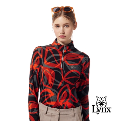 【Lynx Golf】女款歐洲進口布料隨性個性線條印花造型長袖立領POLO衫-橘色