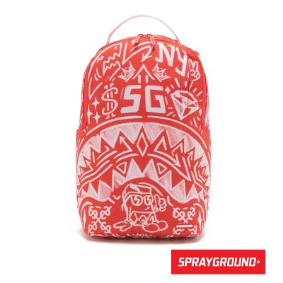 SPRAYGROUND-塗鴉金錢趣味鋸齒鯊大容量後背包-紅色