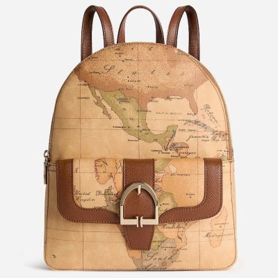 Alviero Martini 義大利地圖包 皮革釦環裝飾 拉鍊雙層後背包30cm-地圖黃x咖啡色