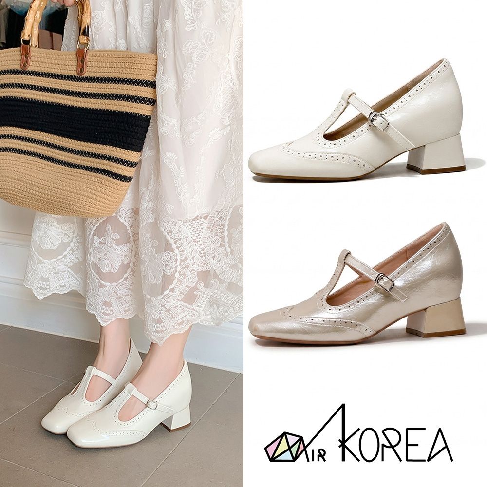 AIRKOREA 內增高方頭粗跟雕花瑪莉珍鞋-增高8cm-白/香檳 (白色)