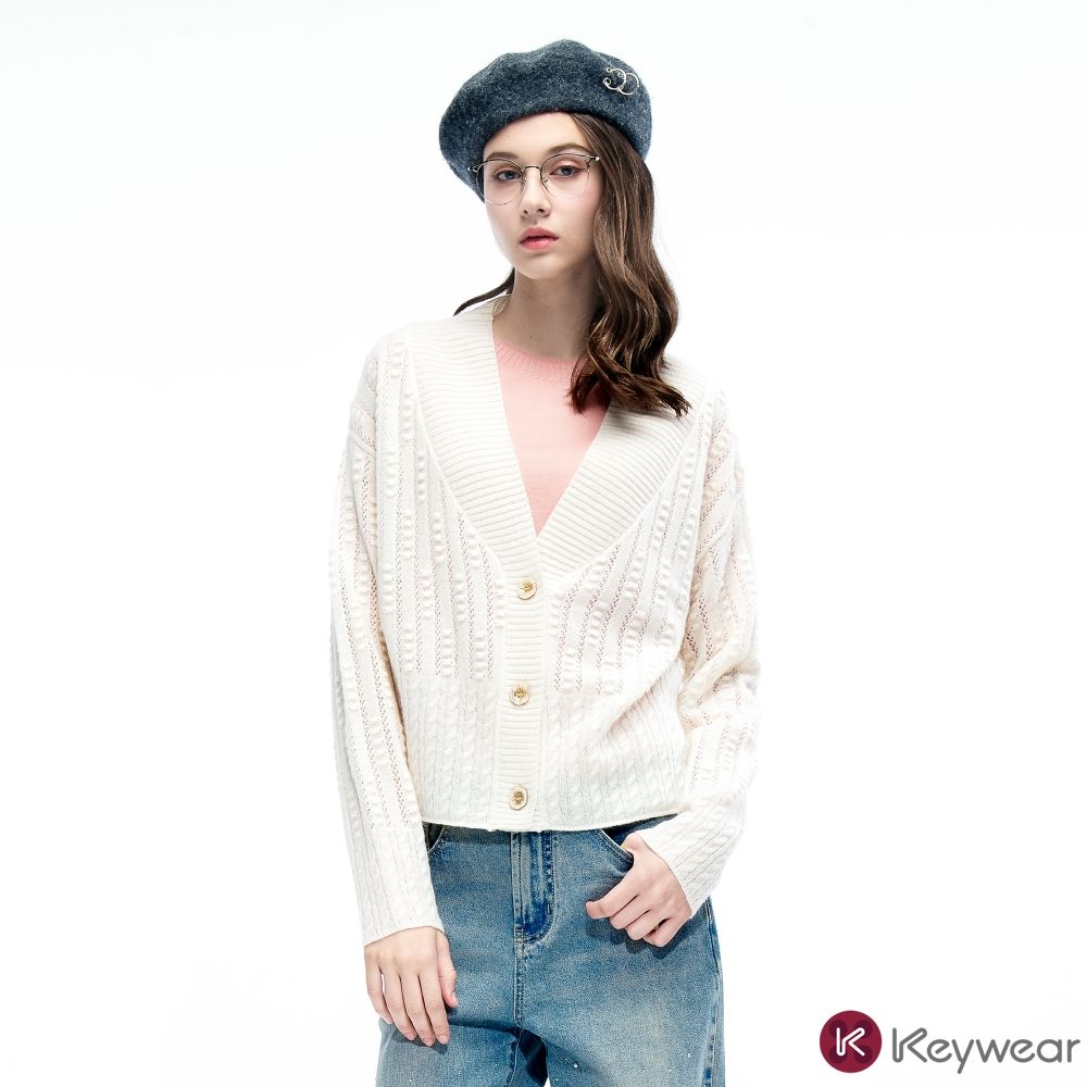 KeyWear奇威名品 羊絨立體條紋鏤空長袖針織外套(共2色)-白色