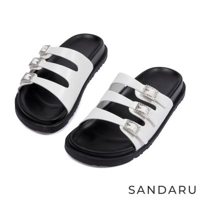 山打努SANDARU-拖鞋 閃耀三釦鑽飾平底拖鞋-白