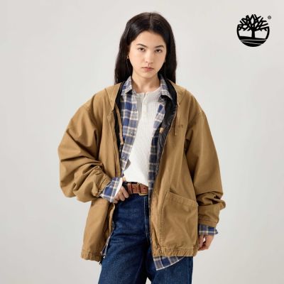 Timberland官方旗艦 男款棕黃色寬版連帽帆布飛行外套|A5T4QAKX