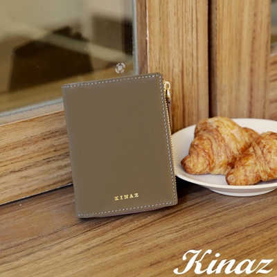 KINAZ 牛皮L型拉鍊零錢袋直式對折短夾-暖彩綠-馬賽克系列