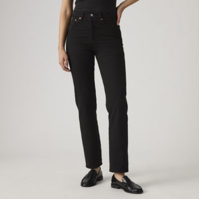 Levis 女款 Wedgie高腰修身直筒排釦牛仔長褲 / 黑色基本款 / 彈性布料 及踝款