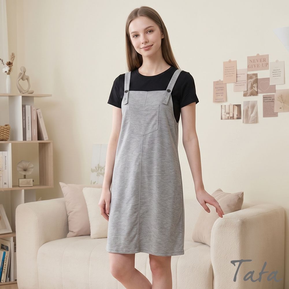 TATA 休閒大口袋無袖背帶中長洋裝-M~XL (灰色系)