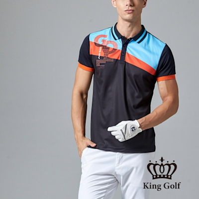【KING GOLF】網路獨賣款-男款撞色拼接設計字體POLO衫/高爾夫球衫-黑