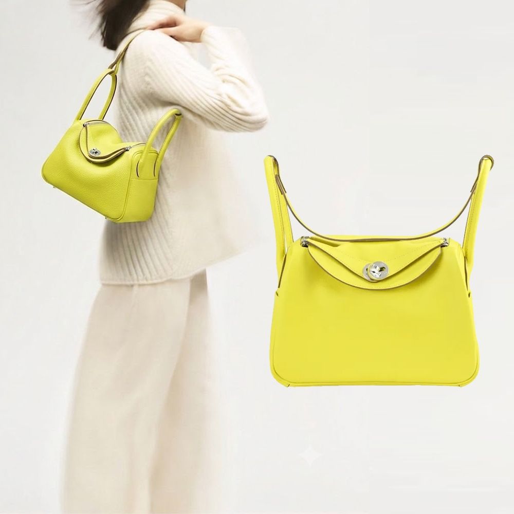 Hermes 愛馬仕 Lindy 26CM Evercolor U刻 牛皮轉釦手提/斜背兩用包(9R萊姆黃/銀釦)