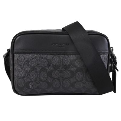 COACH 經典烙印LOGO印花雙層拉鍊斜背包(黑灰)