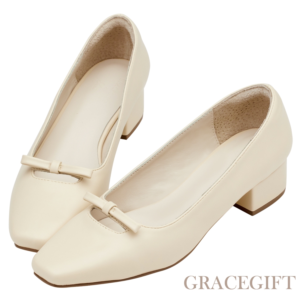 【Grace Gift】復古女孩小方頭簍空蝴蝶結瑪莉珍跟鞋 米白