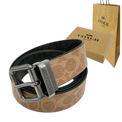 COACH 男款C LOGO雙面用寬版皮帶禮盒+紙袋(焦糖/黑灰)