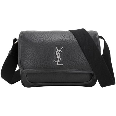 YSL Saint Laurent NIKI CASSANDRE 銀字揉製羊皮翻蓋斜背郵差包(黑色)