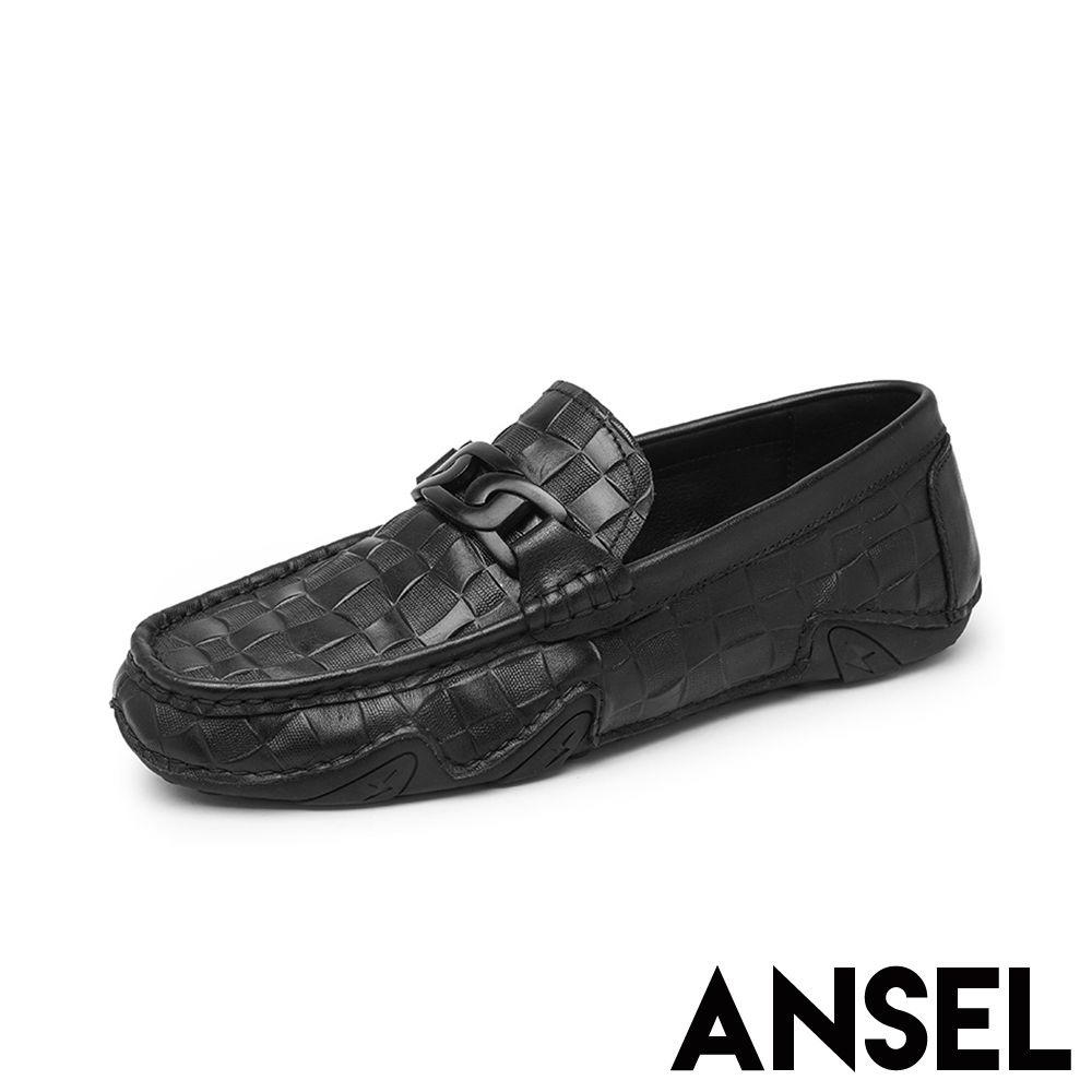 ANSEL 真皮休閒鞋 樂福鞋/真皮頭層牛皮時尚混搭材質拼接格子休閒樂福鞋 黑