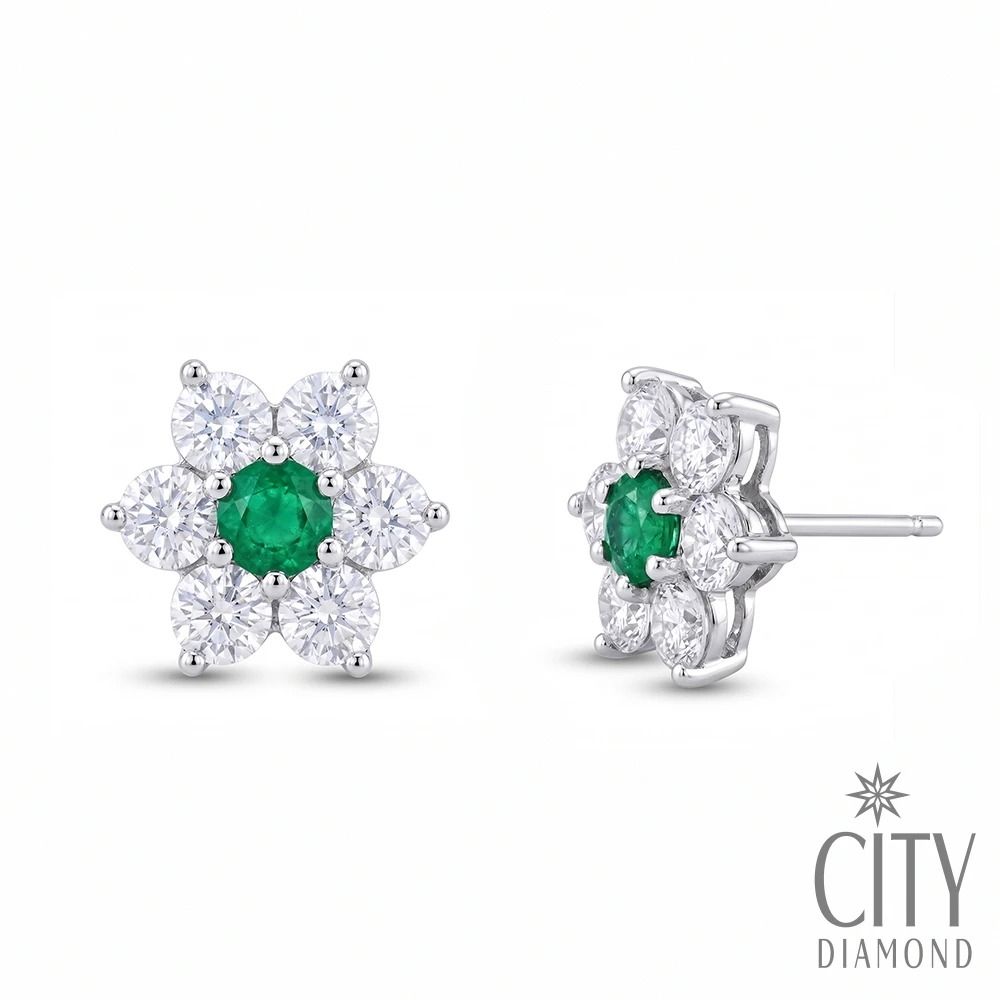 【City Diamond 引雅】網路獨家 天然祖母綠 15分 晶鑽 白K金 鋯石 花形 耳環 (浮光流影系列)