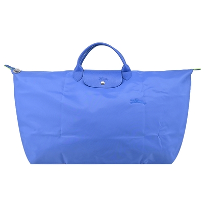 LONGCHAMP LE PLIAGE GREEN系列刺繡短把再生尼龍摺疊旅行袋(特大/失車菊藍)