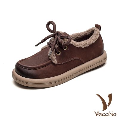 VECCHIO 真皮休閒鞋/真皮頭層牛皮保暖絨毛繫帶復古休閒鞋 咖