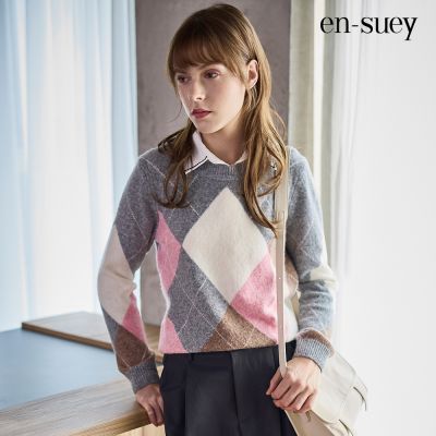 【en-suey 銀穗】EU學院風拼色菱格紋圓領針織毛衣