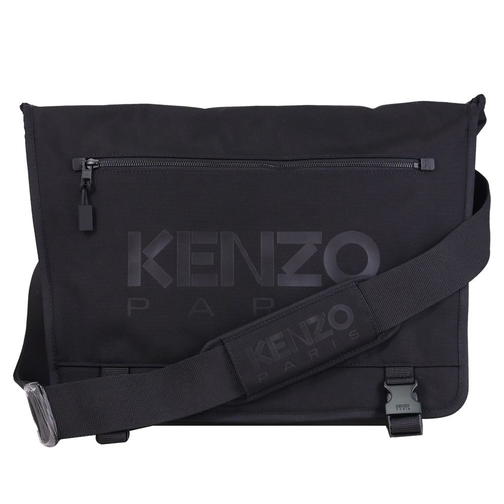 KENZO 經典LOGO尼龍帆布翻蓋式大款郵差包/斜背包(黑)