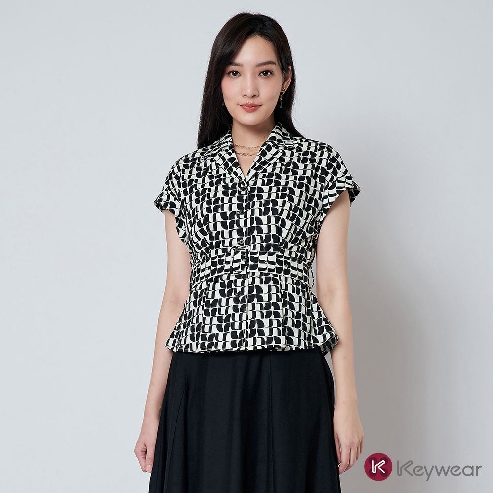 KeyWear奇威名品    純棉黑白印花垂袖襯衫-黑色