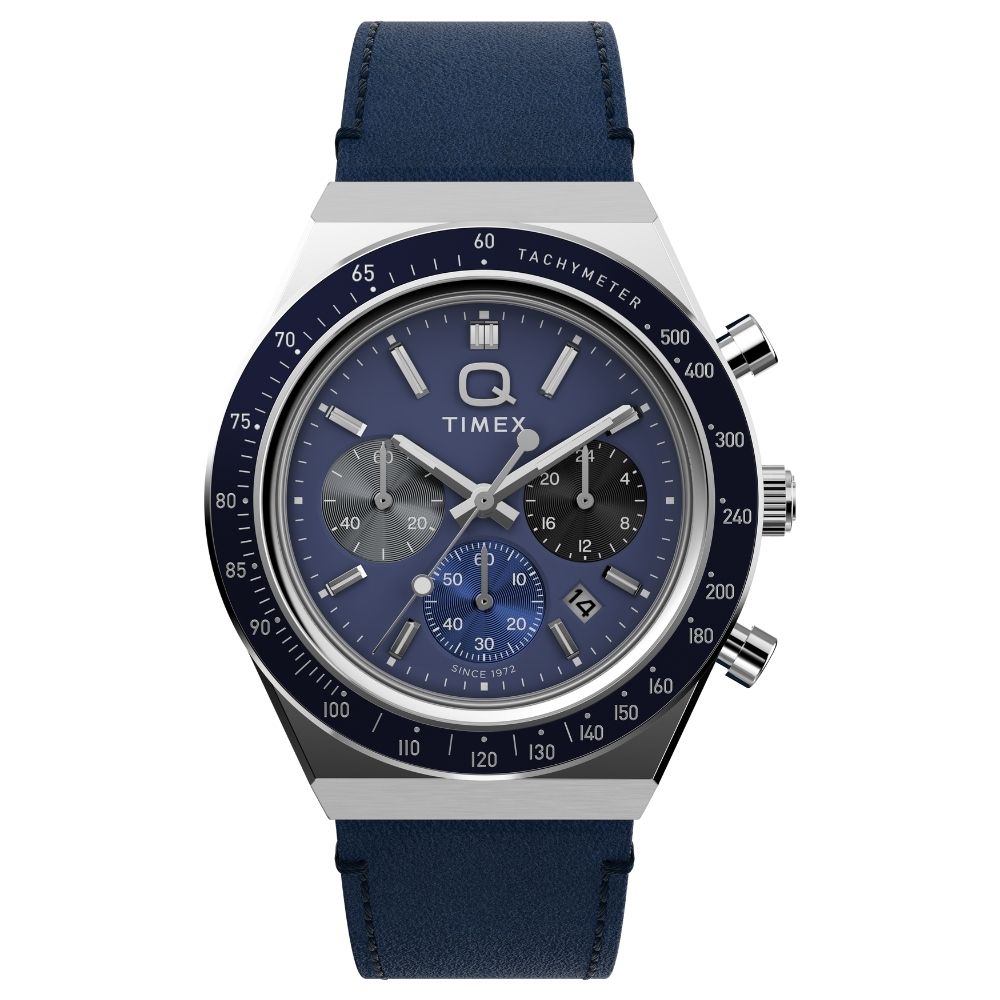 TIMEX  天美時 Q Timex 40 毫米 三色子盤 皮革錶帶 計時碼錶(藍 TXTW2Y36100)