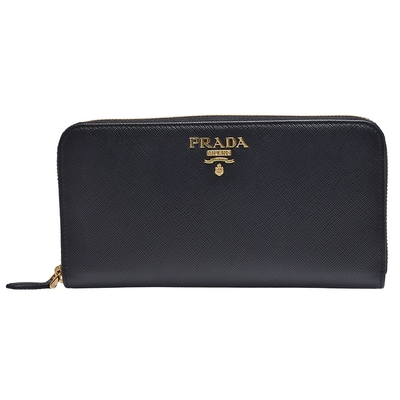 PRADA 普拉達 SAFFIANO經典金色立體浮雕LOGO防刮牛皮拉鍊長夾(黑)
