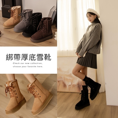 Ann’S溫暖甜美升級版!防潑水鍍膜真皮澎毛2way綁帶厚底雪靴(多款選)