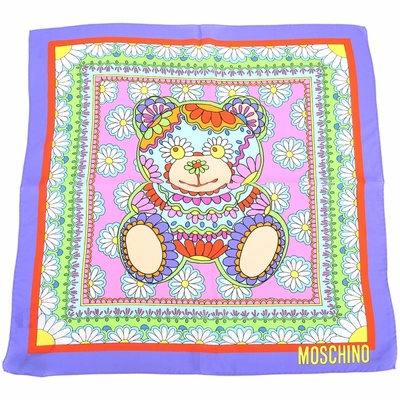 MOSCHINO 花朵泰迪熊紫色邊框純絲方巾/領巾