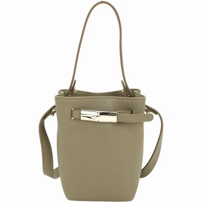 LONGCHAMP Le Smart XS 竹節扣帶荔紋小牛皮手提 肩斜背水桶包(橄欖綠)