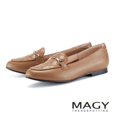 MAGY 格紋縫線牛皮馬銜釦平底樂福鞋 棕色