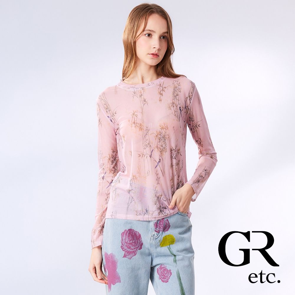 【GLORY21】網路獨賣款-etc.透膚典雅印花長袖上衣-粉紅色
