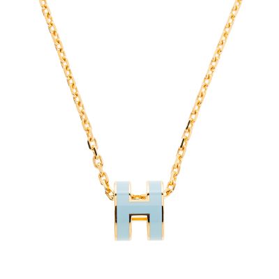 HERMES 經典Mini Pop H pendant 立體橢圓簍空項鍊(BLEU POLATRE/淺金)