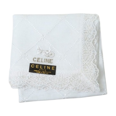 CELINE 日本製法式刺繡蕾絲刺繡LOGO品牌字母圖騰帕巾(白/48CM)