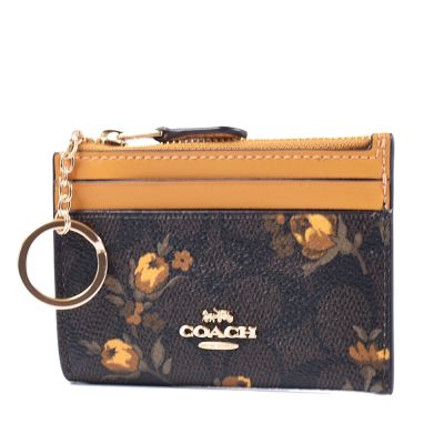 COACH 緹花LOGO花卉防刮皮革證件鑰匙零錢包-核桃棕