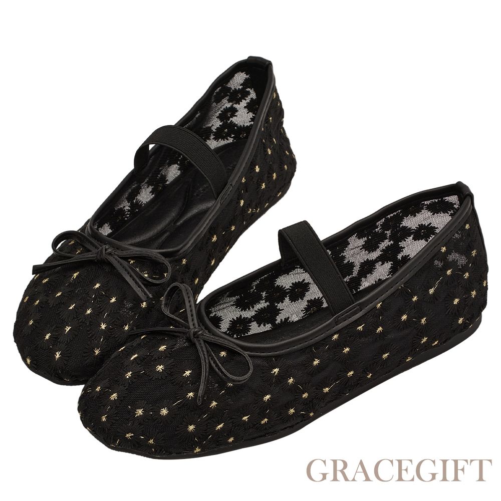 【Grace Gift】春日花園蝴蝶結網紗平底瑪莉珍鞋 黑