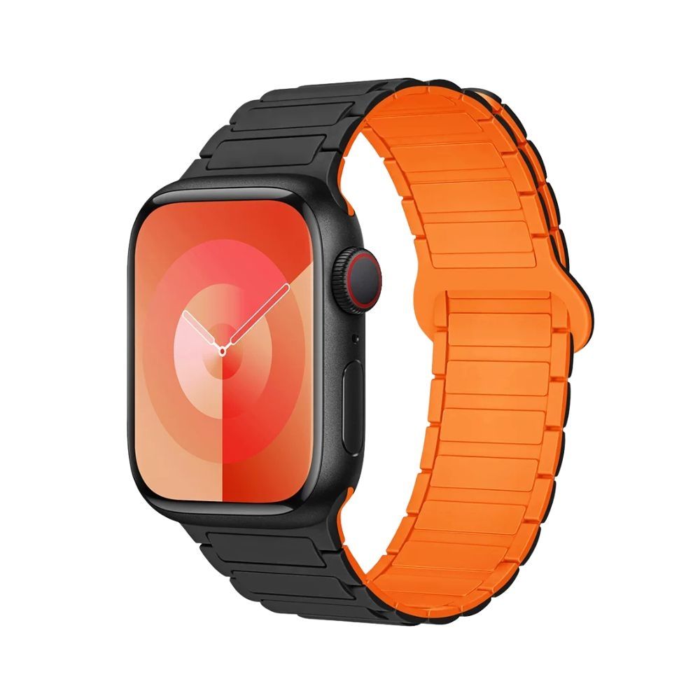 【Phonemo】Apple Watch 磁吸矽膠回環錶帶 透氣親膚液態矽膠 潮流多色可選 38-49mm 通用 (黑+橙)