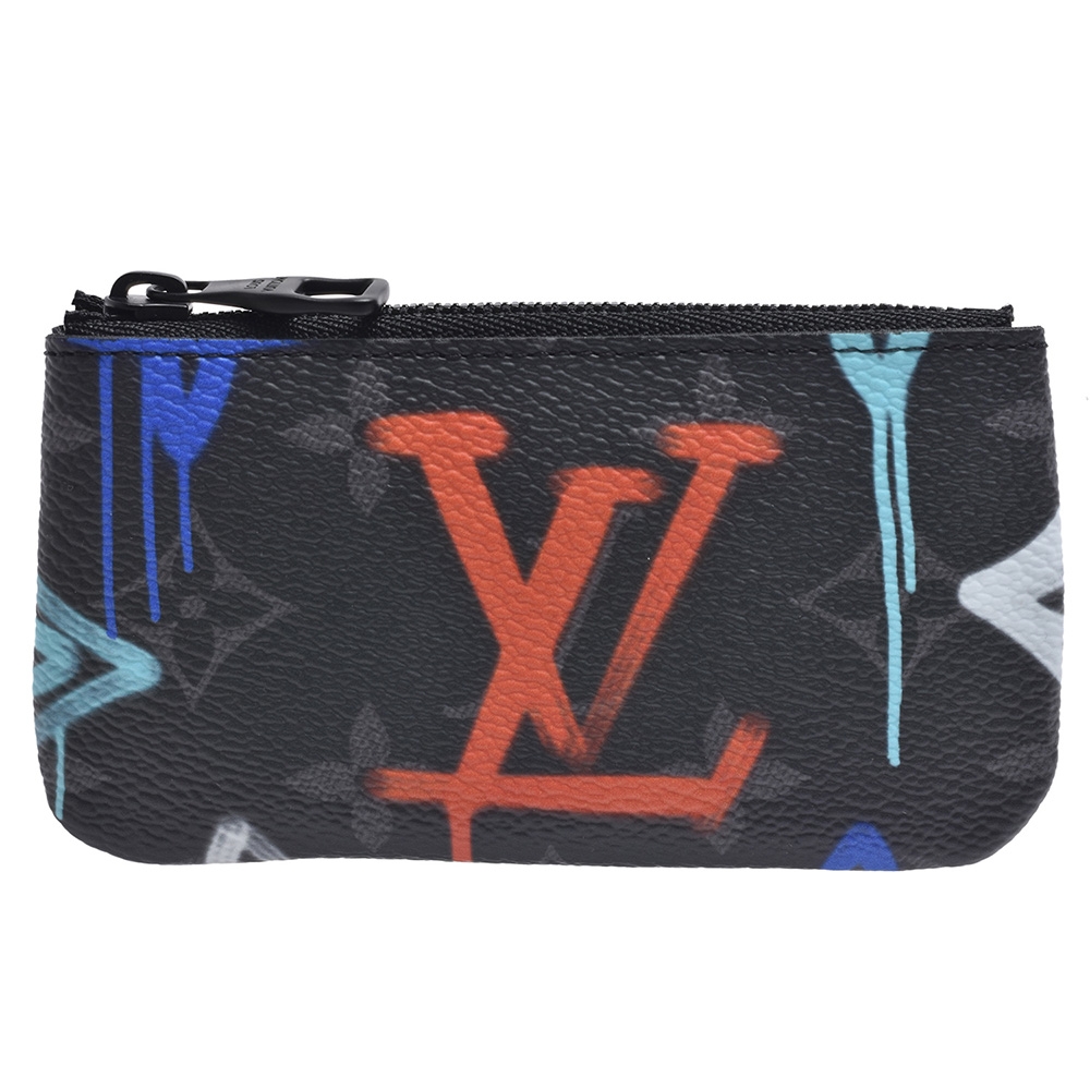 LV M81795 經典塗鴉風格Monogram花卉帆布拉鍊鑰匙/零錢包(黑