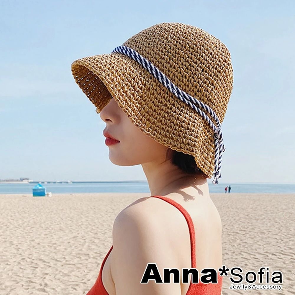 【AnnaSofia】298均一價 遮陽防曬草帽鐘型帽漁夫帽-海軍風斜線繩 現貨(駝系)