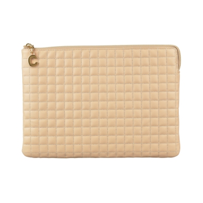 CELINE 思琳 C CHARM C字LOGO格紋縫線牛皮拉鍊手拿包(多色)