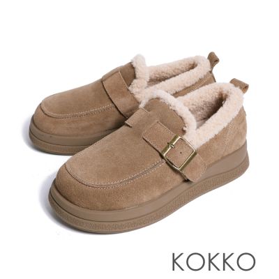 KOKKO保暖毛毛厚底勃肯懶人鞋駝綠色