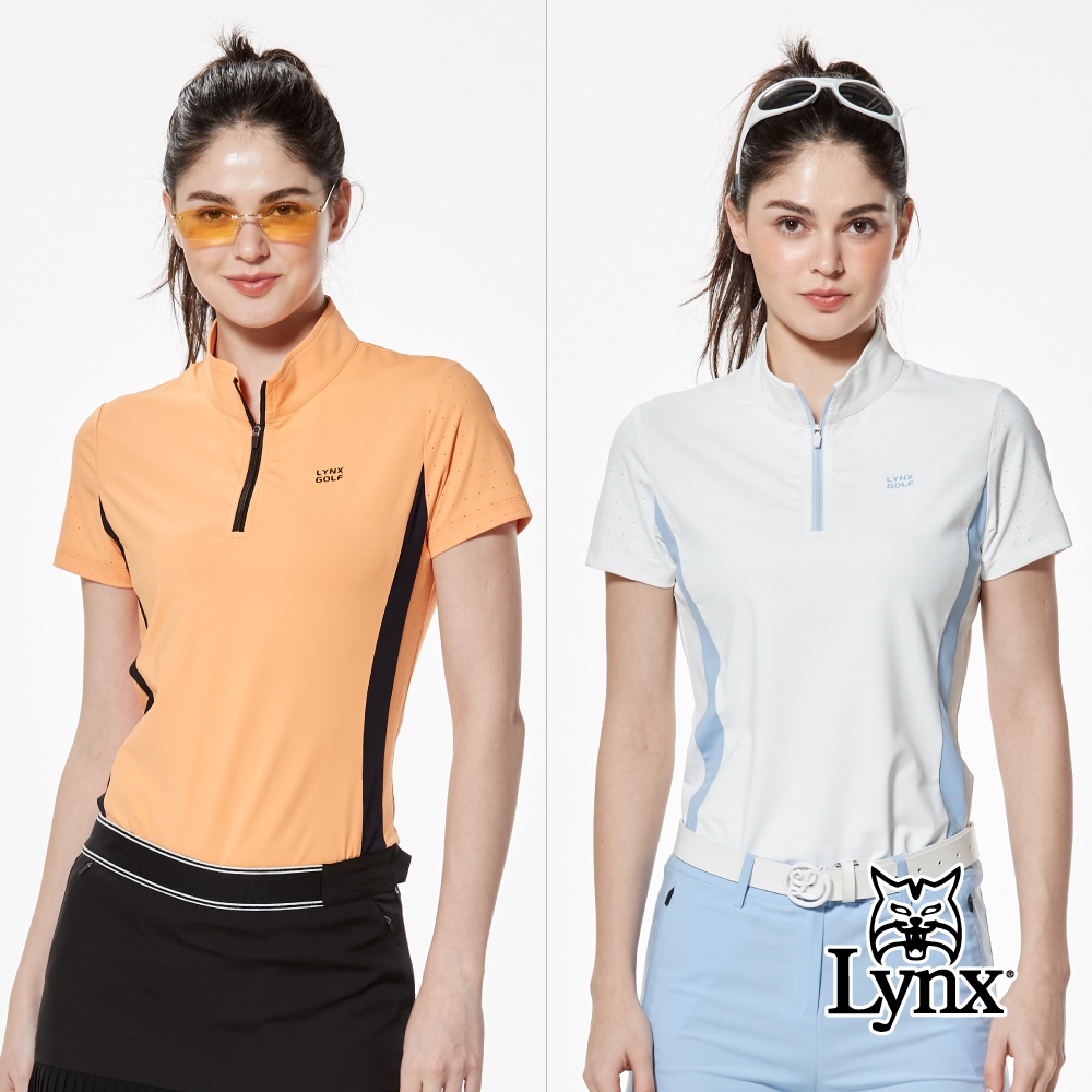 【Lynx Golf】首爾高桿風格！女款合身版彈性舒適剪接洞洞沖孔布料脇邊配色造型短袖立領POLO衫/高爾夫球衫(二色) (白色)