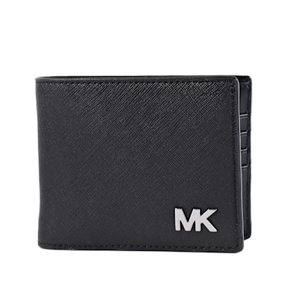 MICHAEL KORS 男款 金屬LOGO十字紋防刮八短夾/附證件夾-黑色