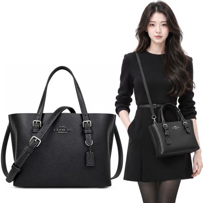 COACH Mollie 25 黑色荔枝紋皮革手提/斜背兩用包