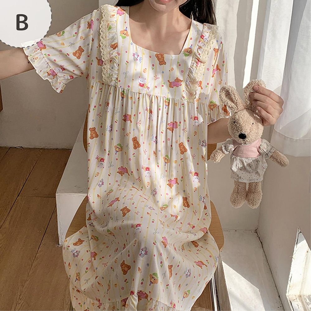 Sleeping Beauty 慢生活花花短袖居家睡裙-6色可選 (B)