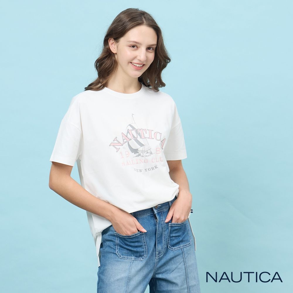 Nautica 官方旗艦 女裝 學院航海風抗UV短袖T恤-白色