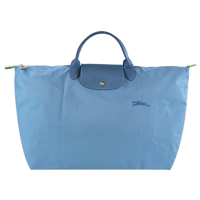LONGCHAMP LE PLIAGE GREEN系列刺繡短把再生尼龍摺疊旅行袋(大/雷雨藍)