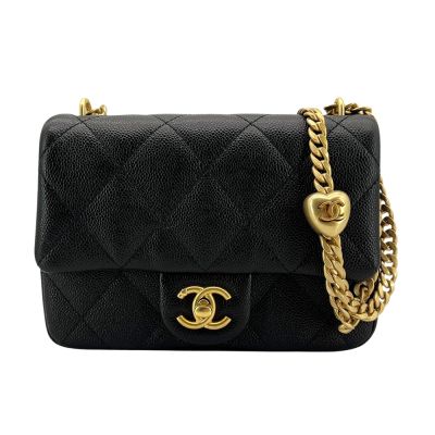 CHANEL香奈兒 Chanel 香奈兒 霧金雙C粒紋牛皮心型金球斜背方胖(AS3829-黑)