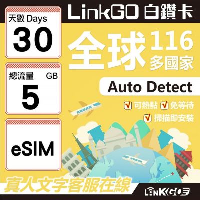 LINKGO白鑽卡 全球116國 eSIM卡 30天上網絡卡 總流量5GB(全球網絡卡 亞洲 歐洲 美洲 大洋洲 非洲)