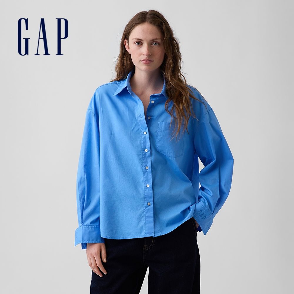 【GAP】府綢寬版襯衫-天藍色(912045) (天藍色)