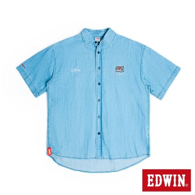 EDWIN 男裝 大寬版徽章牛仔襯衫-拔淺藍